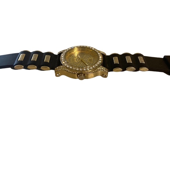 Techno Pave Men’s Gold Watch Rhinestone Black Silicone Watch - Picture 3 of 7